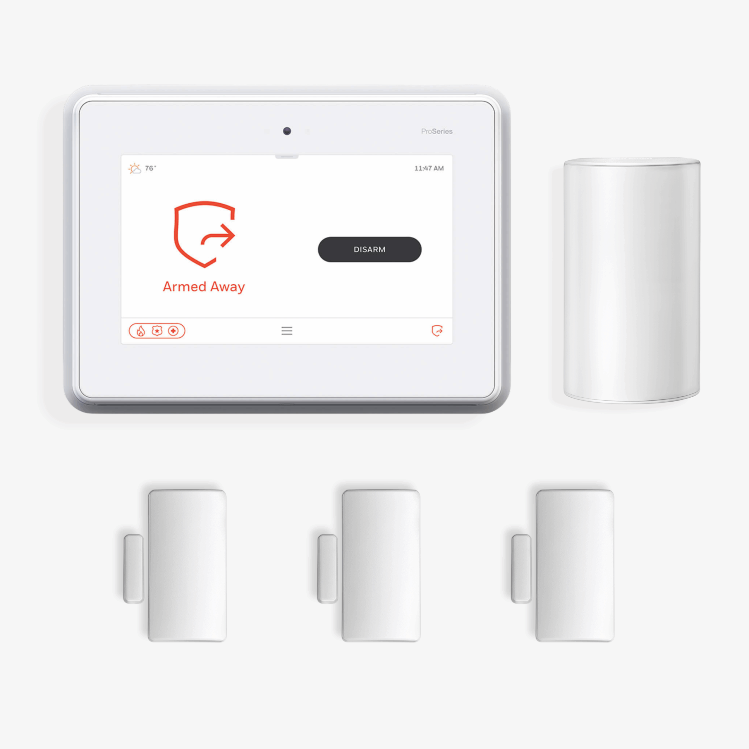 Touchscreen panel, door sensors, and motion detector included in security package
